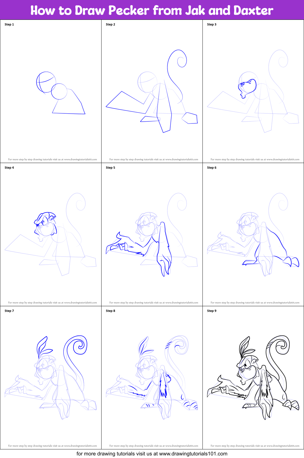 How to Draw Pecker from Jak and Daxter Printable Step by Step