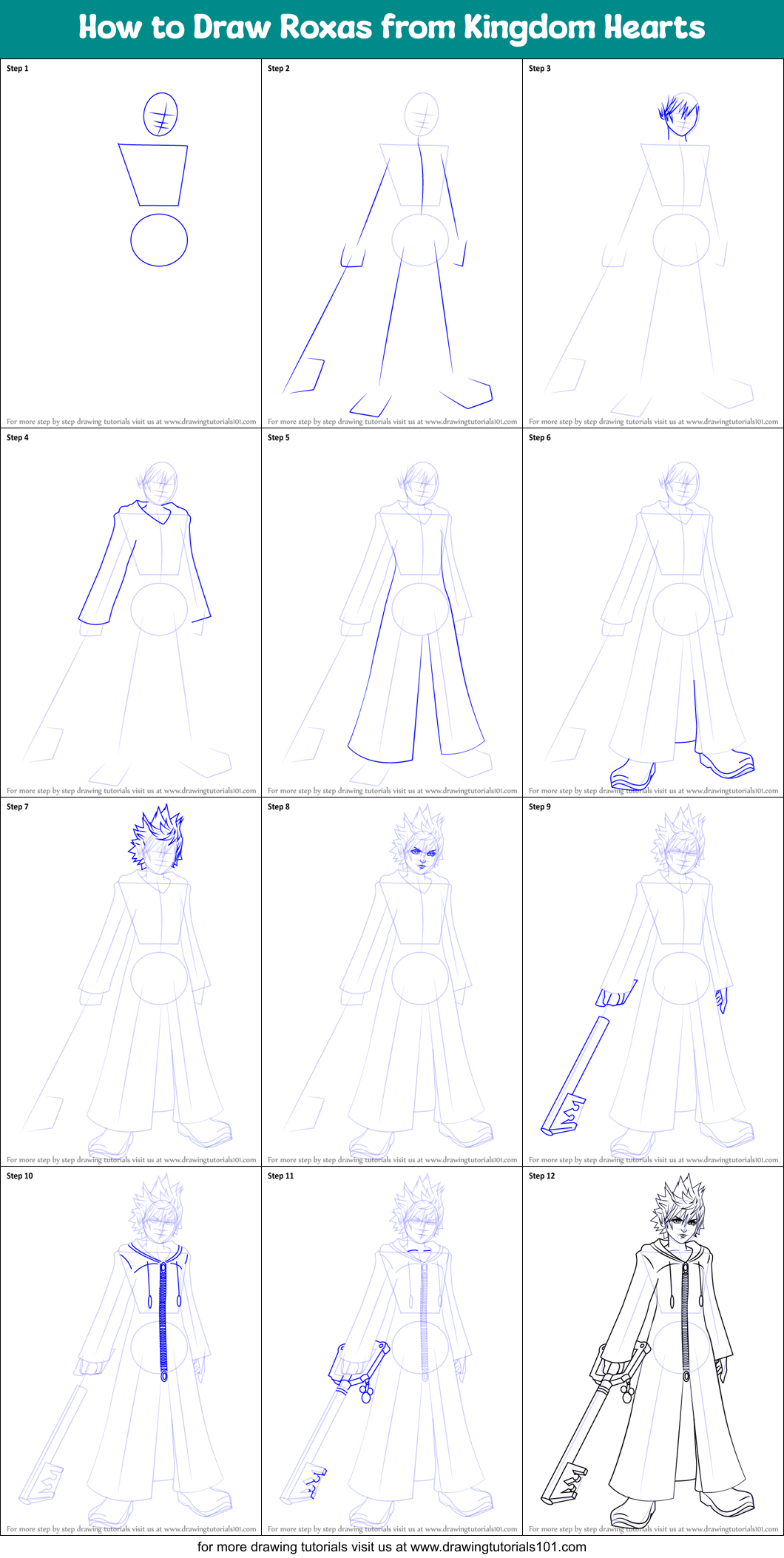 How to Draw Roxas from Kingdom Hearts Printable Step by Step