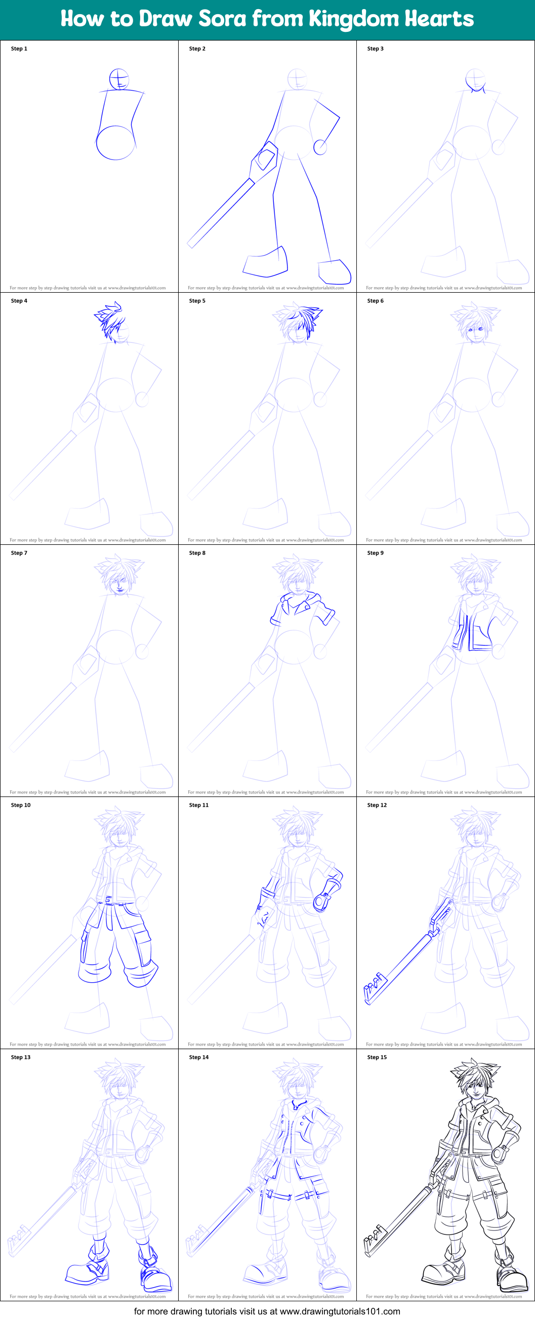 How to Draw Sora from Kingdom Hearts Printable Step by Step