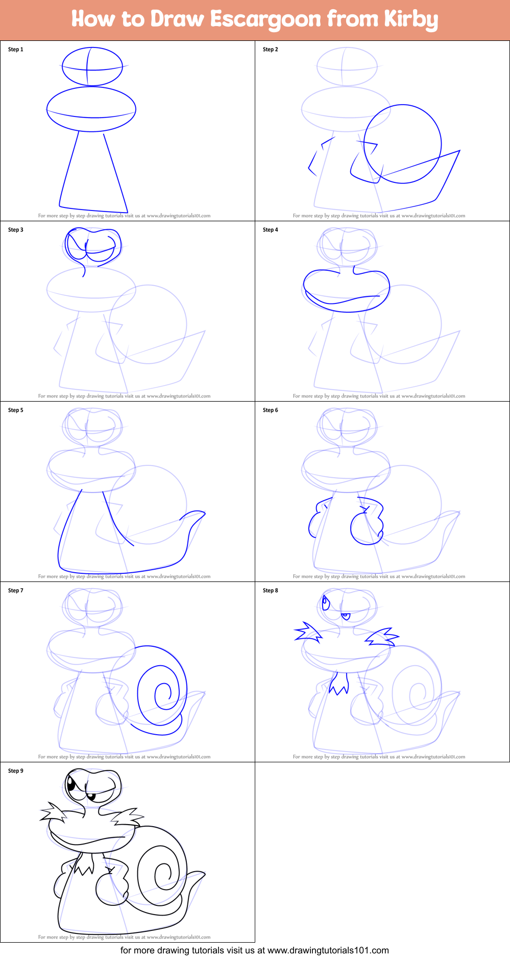How to Draw Escargoon from Kirby Printable Step by Step
