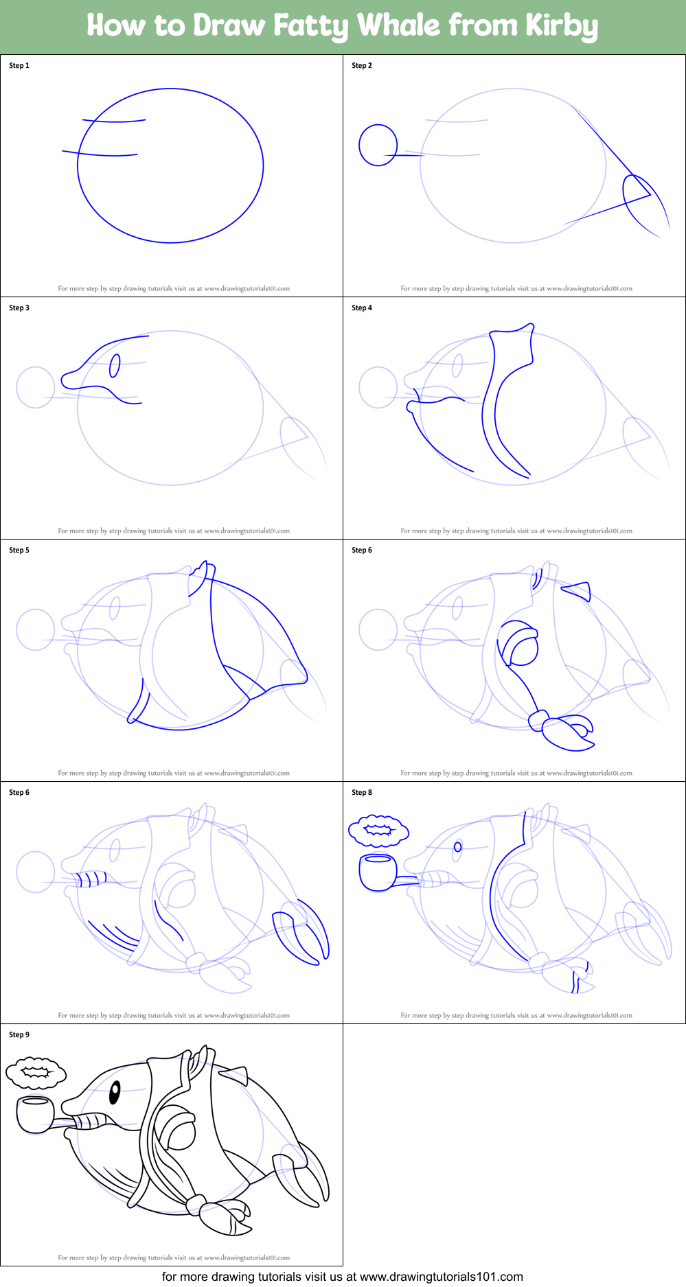 How to Draw Fatty Whale from Kirby Printable Step by Step