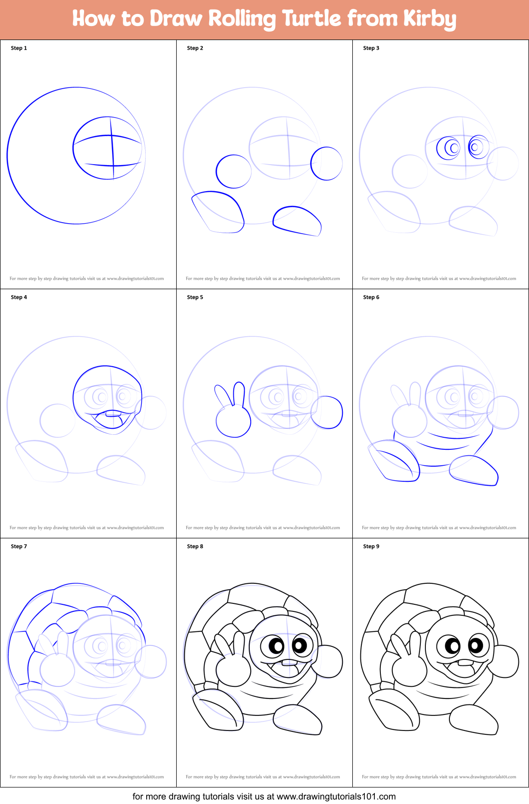 How to Draw Rolling Turtle from Kirby Printable Step by Step