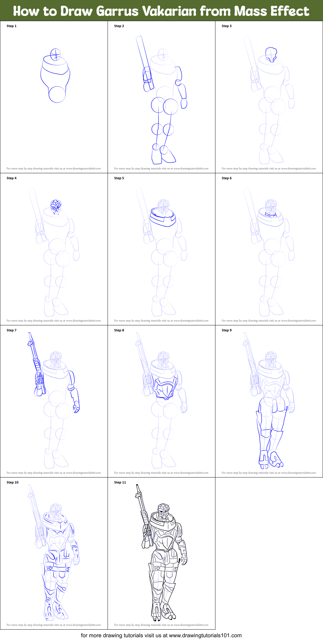 How to Draw Garrus Vakarian from Mass Effect Printable Step by Step