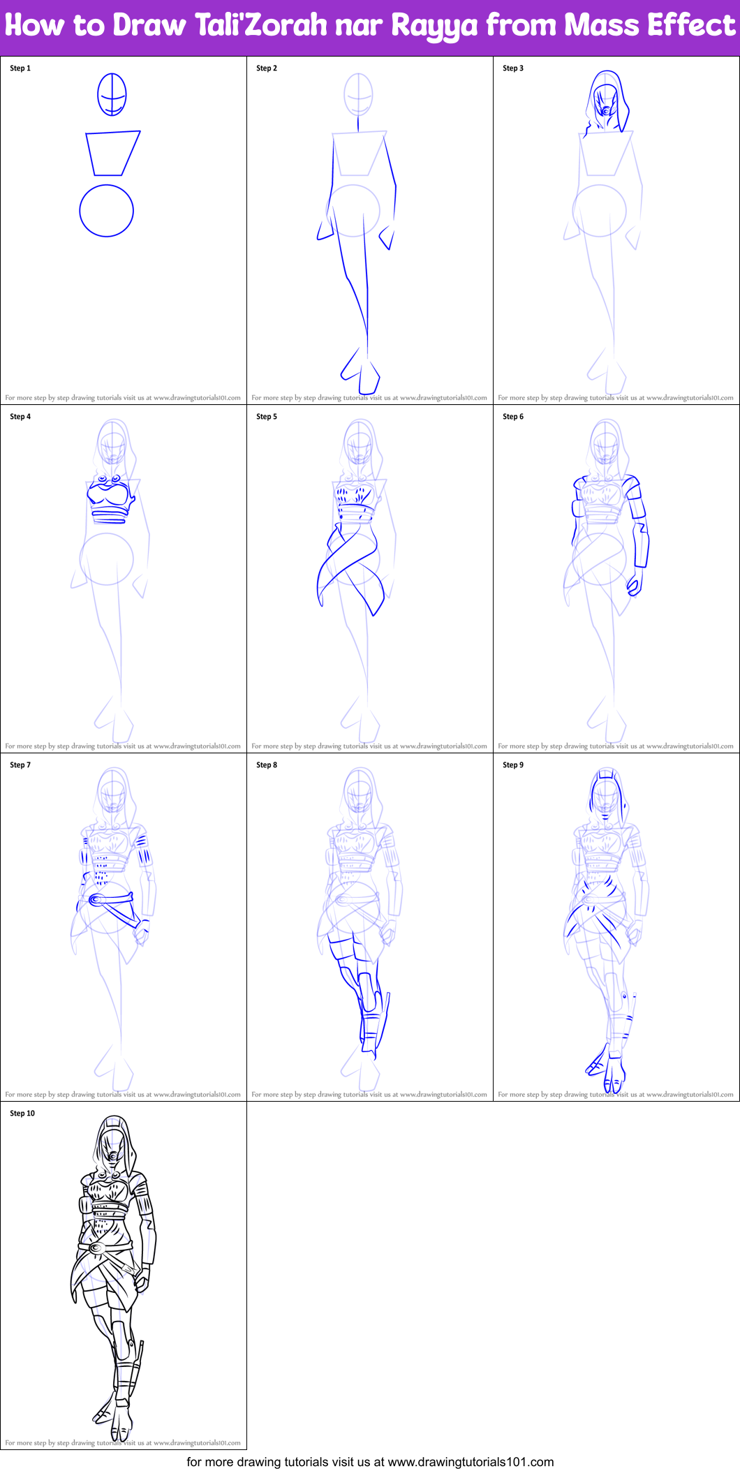 How to Draw Tali'Zorah nar Rayya from Mass Effect Printable Step by Step