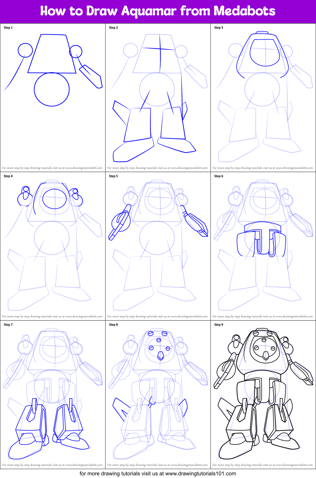 How to Draw Aquamar from Medabots Printable Step by Step