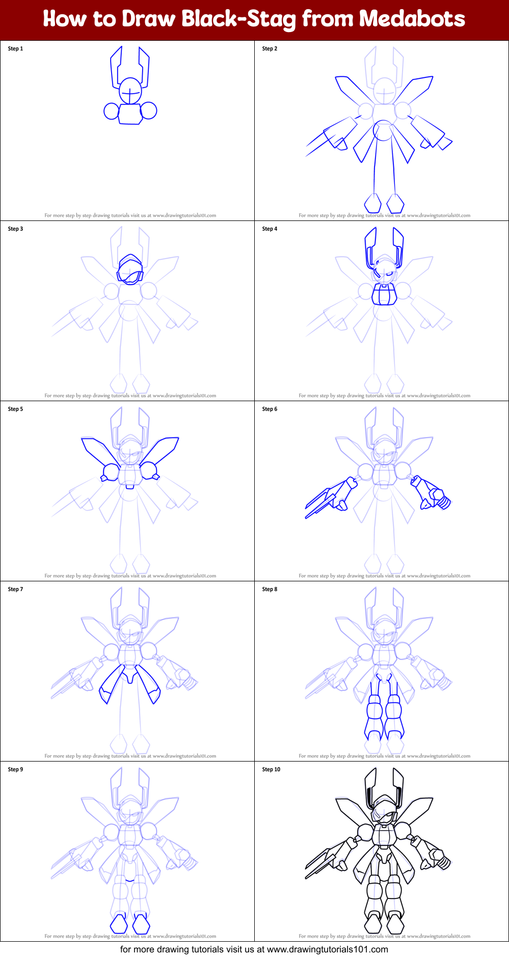 How to Draw Black-Stag from Medabots Printable Step by Step
