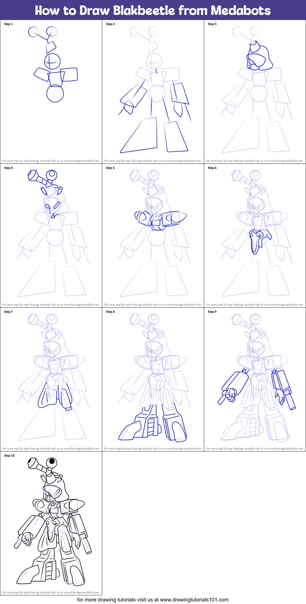 How to Draw Blakbeetle from Medabots Printable Step by Step