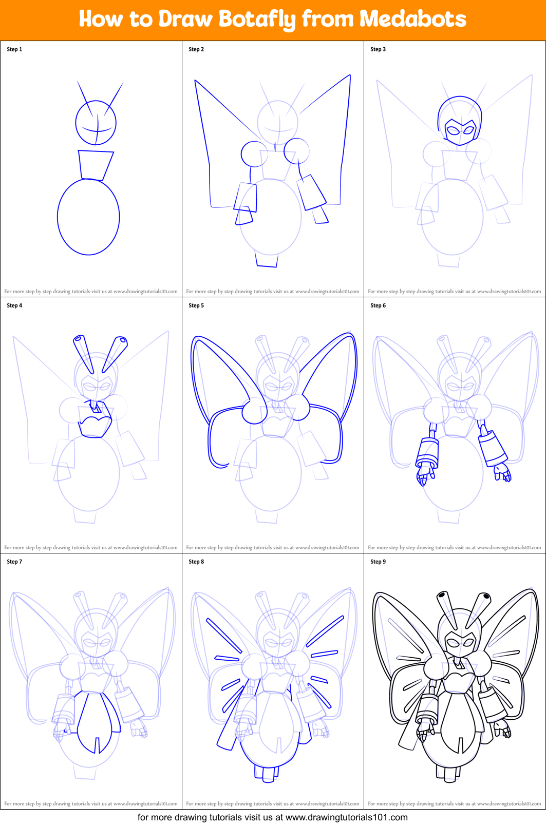 How to Draw Botafly from Medabots Printable Step by Step