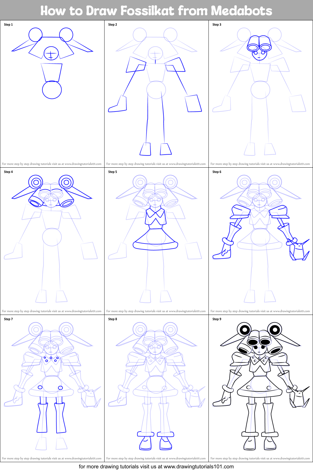 How to Draw Fossilkat from Medabots Printable Step by Step