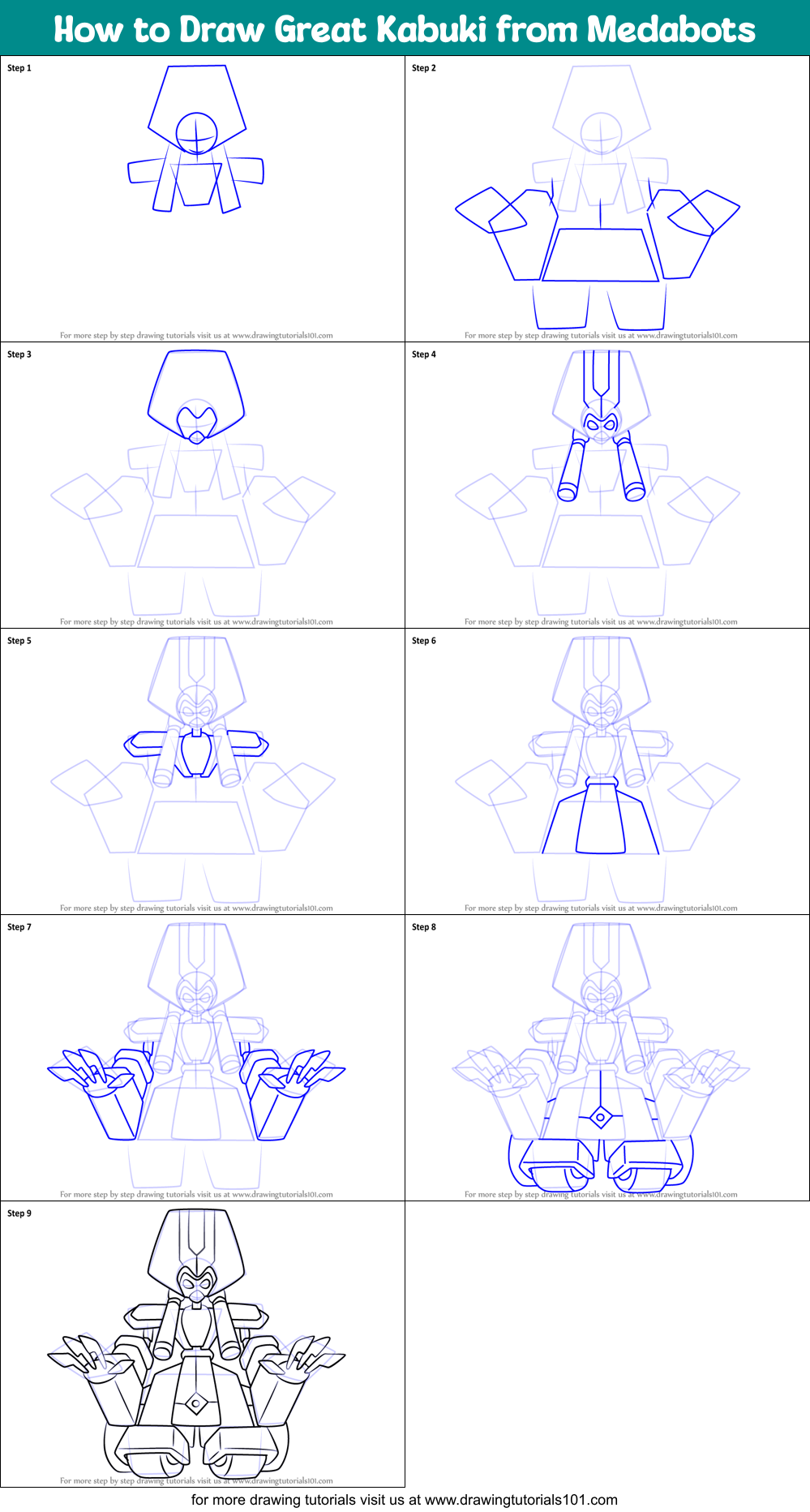 How to Draw Great Kabuki from Medabots Printable Step by Step