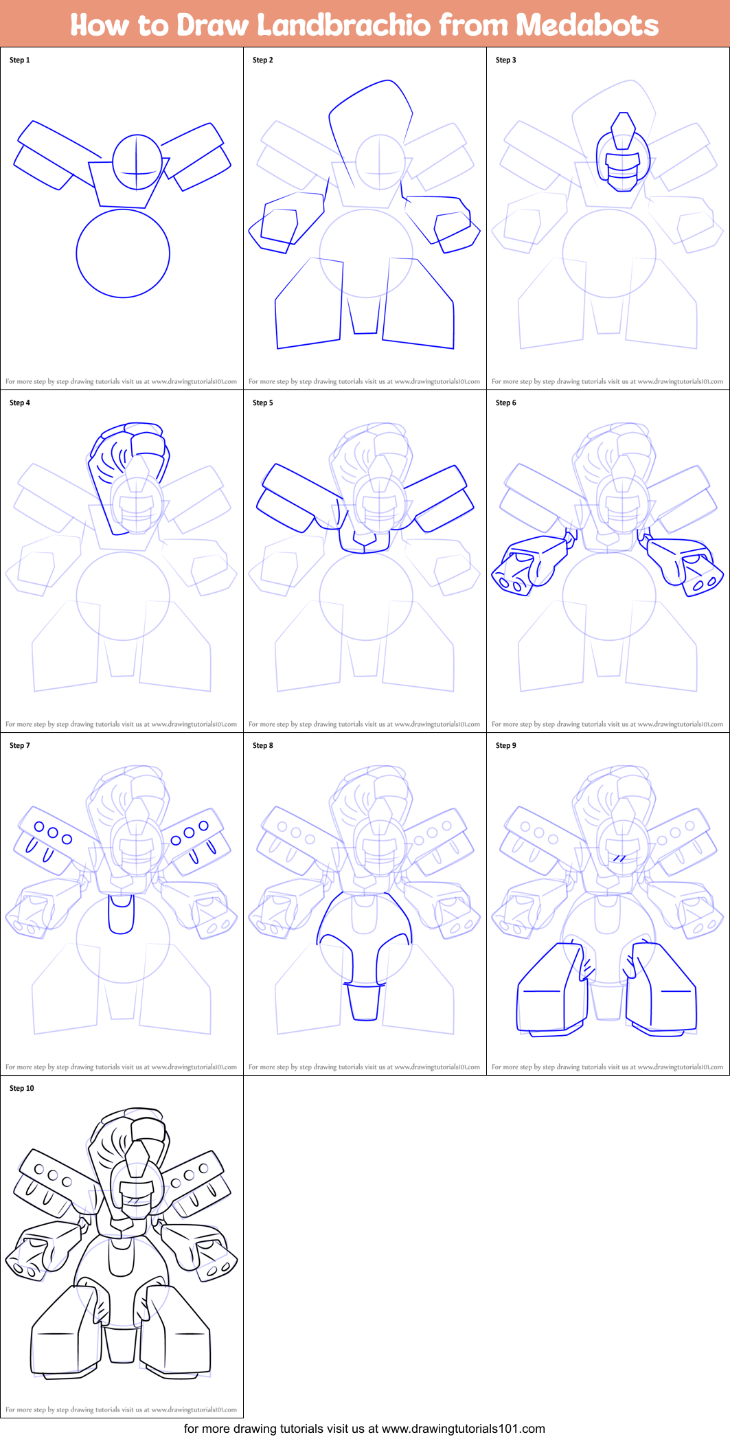 How to Draw Landbrachio from Medabots Printable Step by Step