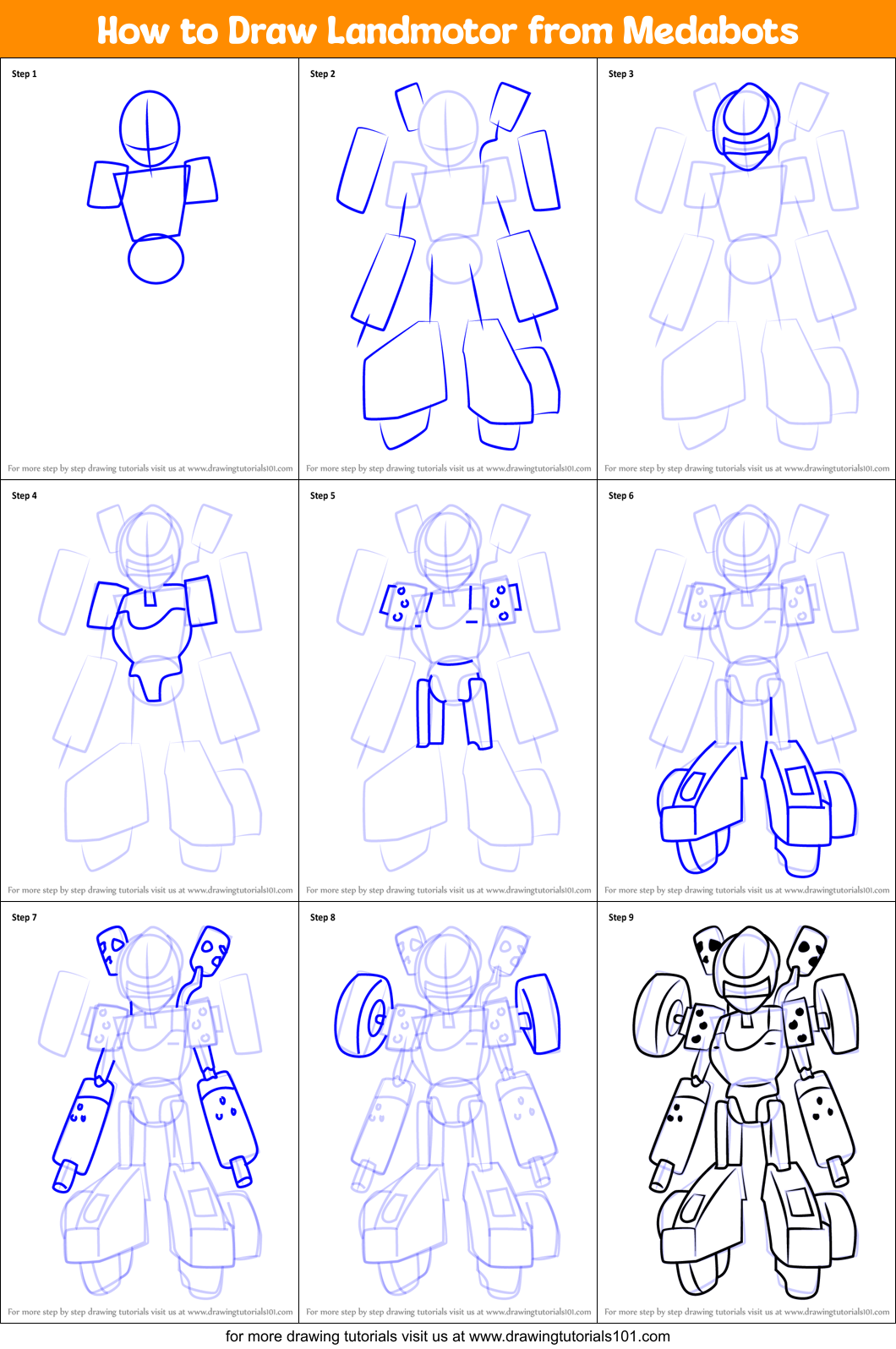 How to Draw Landmotor from Medabots Printable Step by Step