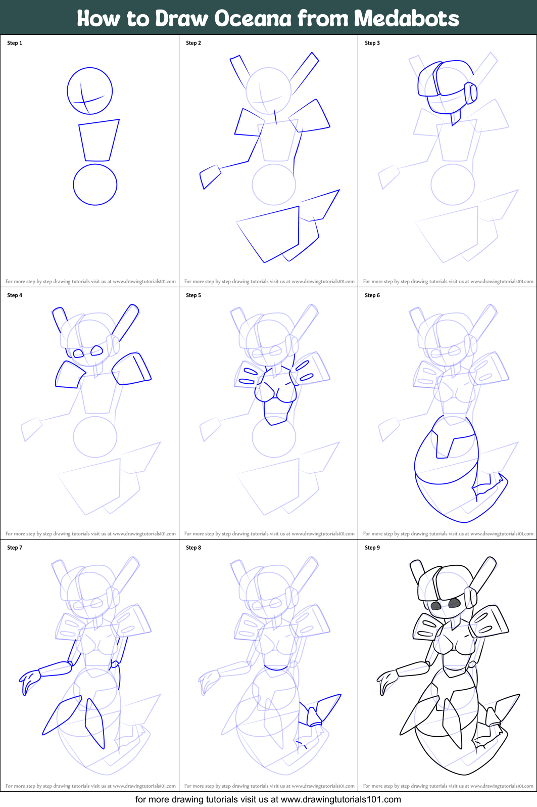 How to Draw Oceana from Medabots Printable Step by Step