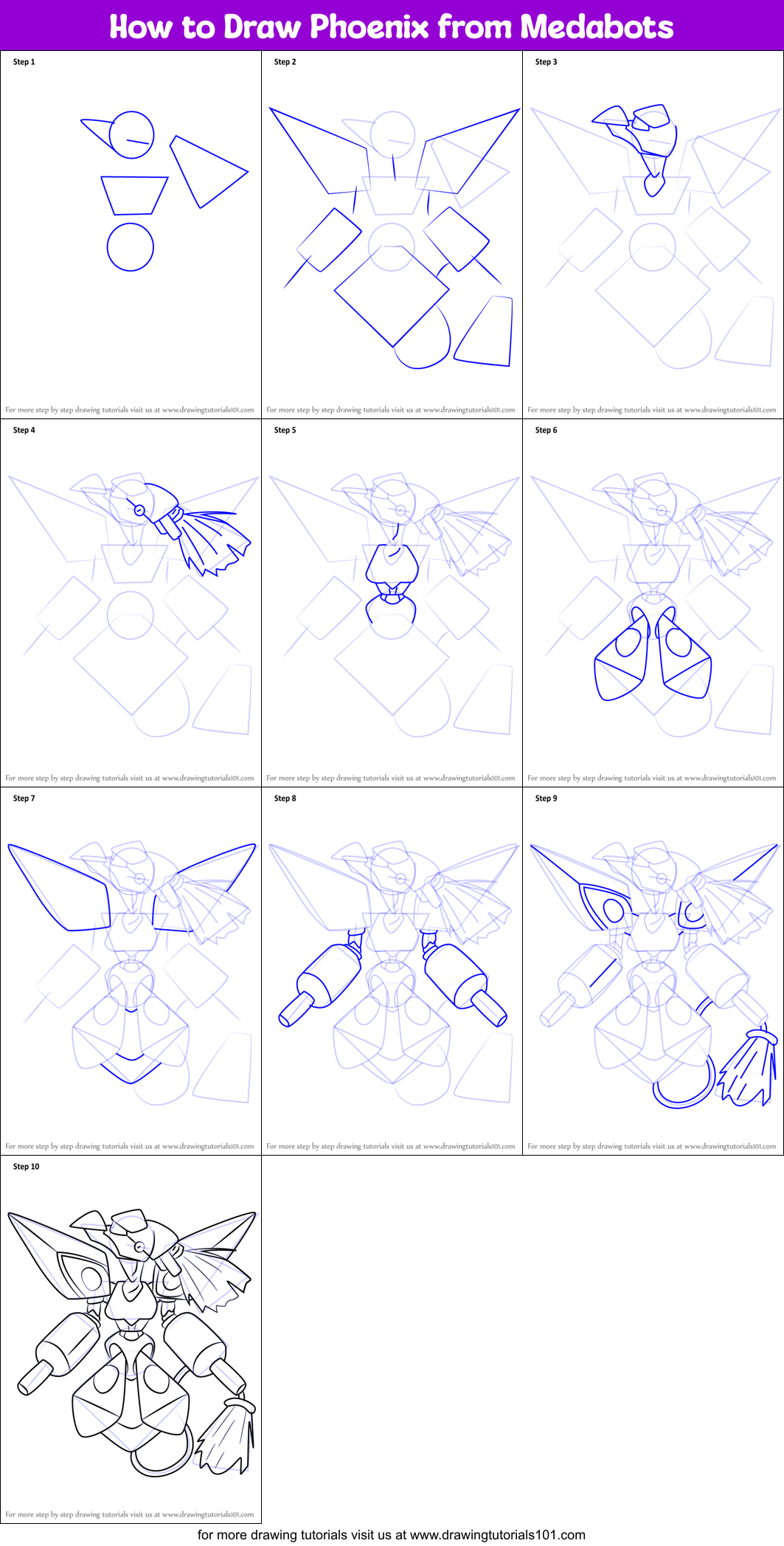 How to Draw Phoenix from Medabots Printable Step by Step