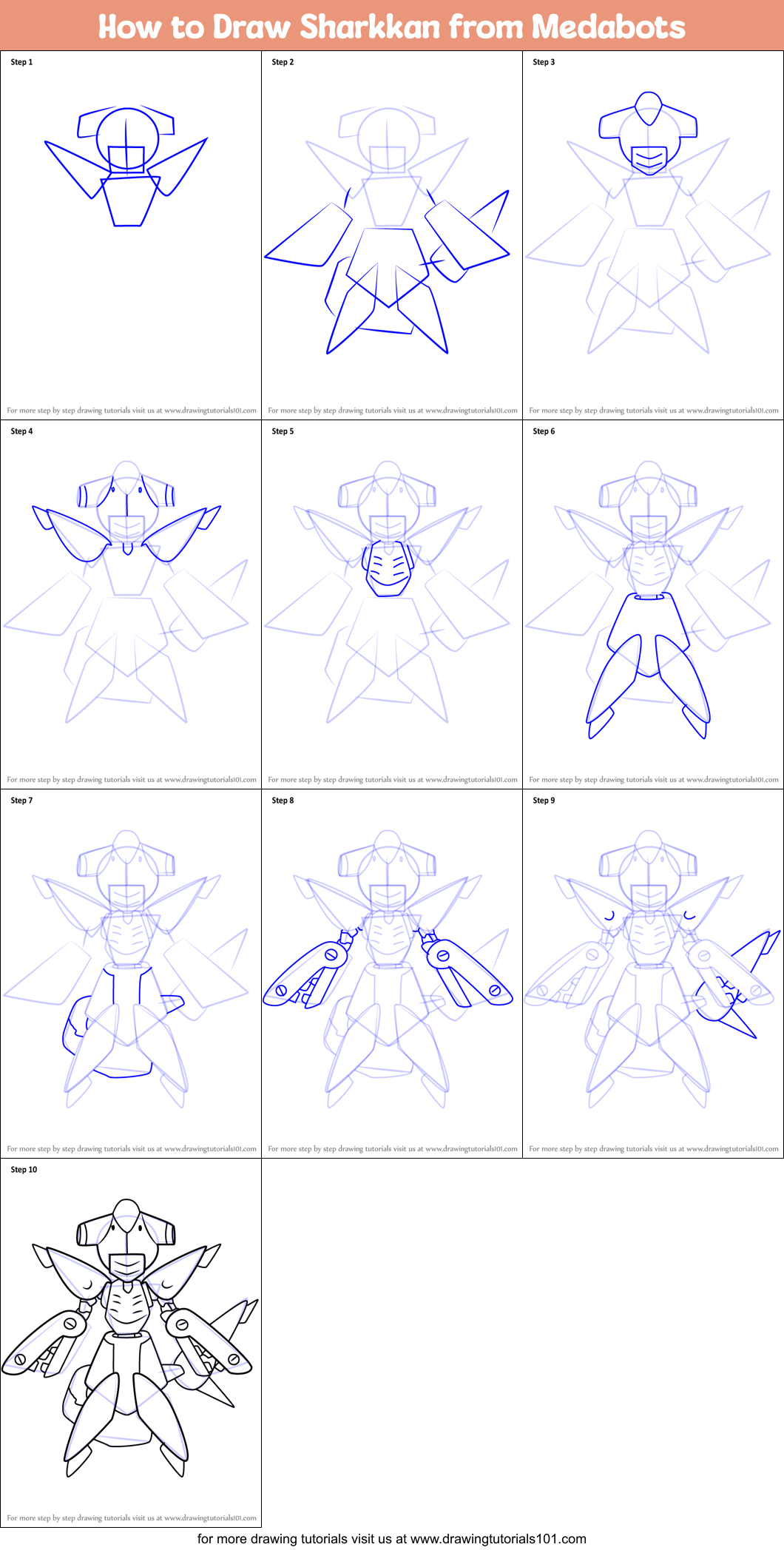 How to Draw Sharkkan from Medabots Printable Step by Step