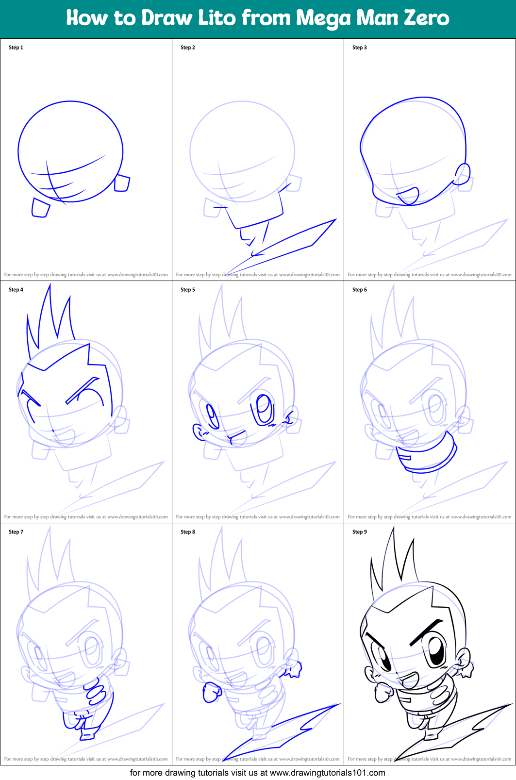 How to Draw Lito from Mega Man Zero Printable Step by Step
