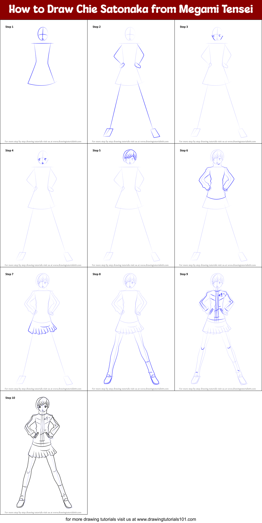 How to Draw Chie Satonaka from Megami Tensei Printable Step by Step