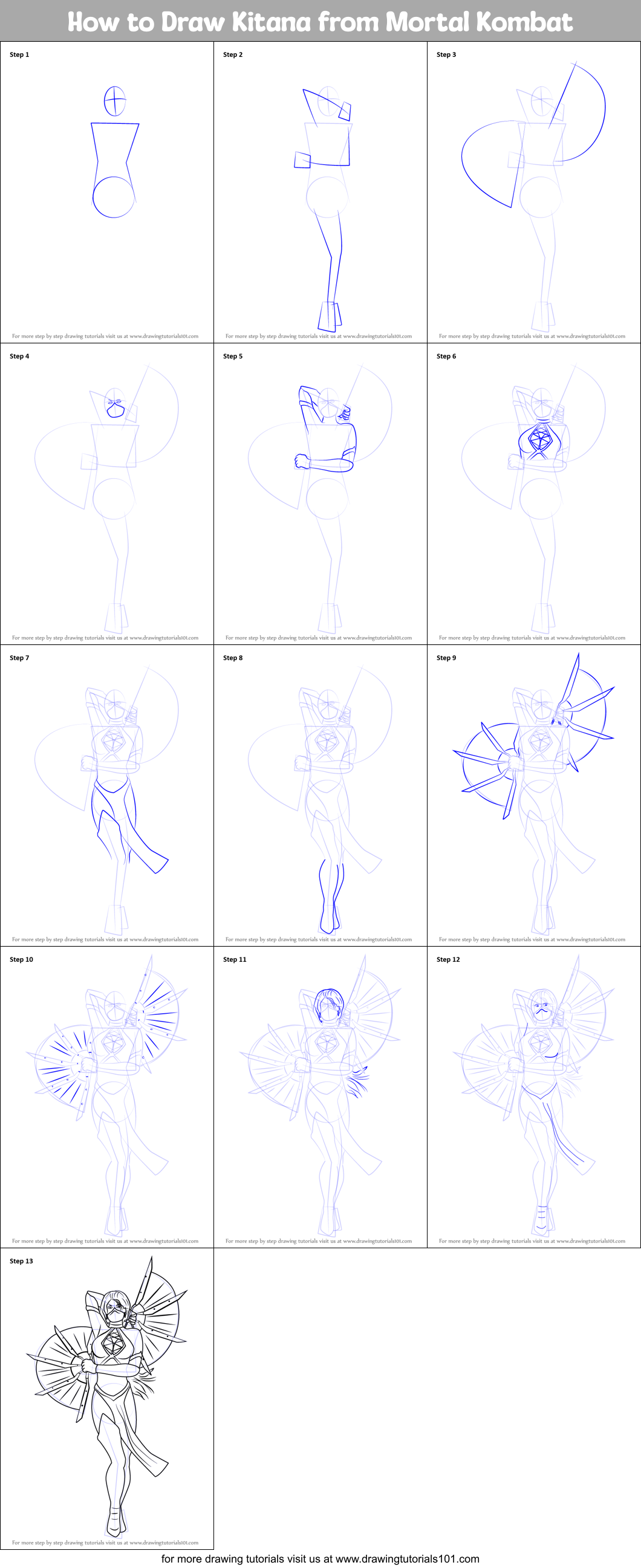 How to Draw Kitana from Mortal Kombat Printable Step by Step