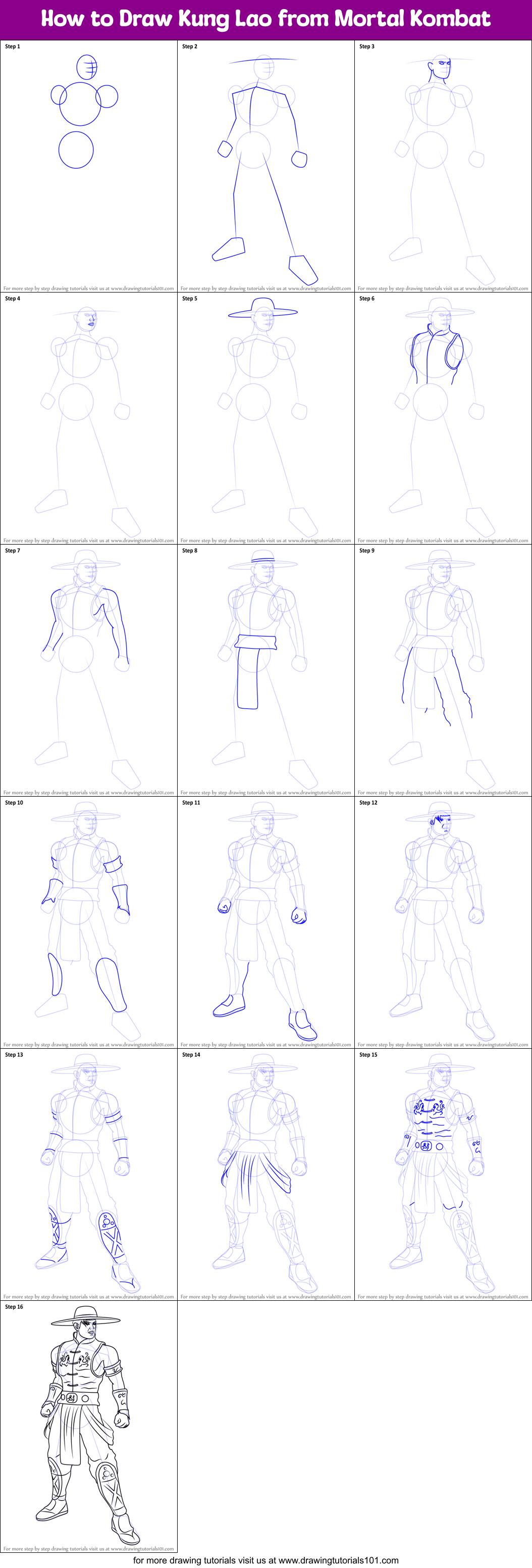 How to Draw Kung Lao from Mortal Kombat Printable Step by Step