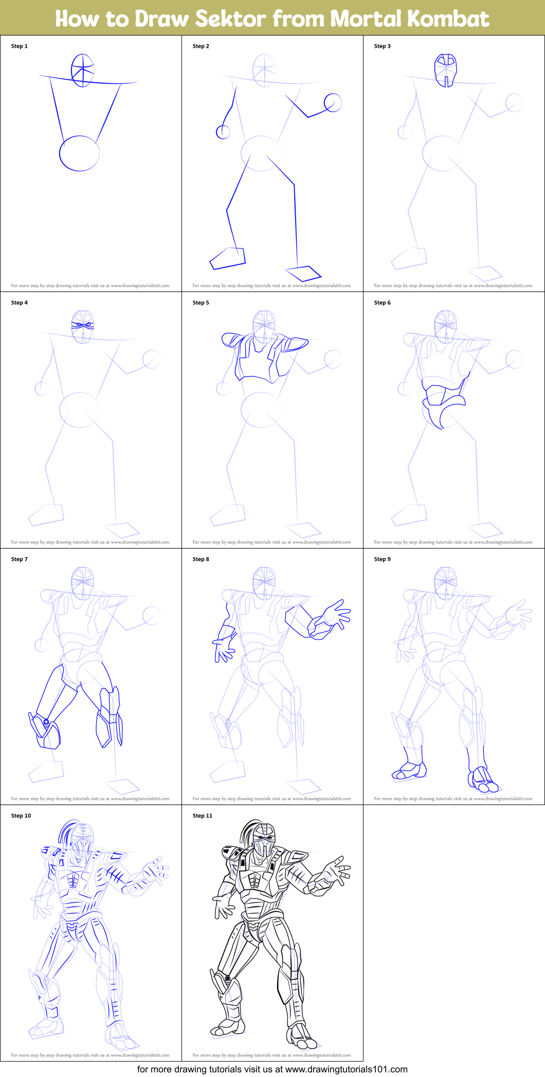 How to Draw Sektor from Mortal Kombat Printable Step by Step