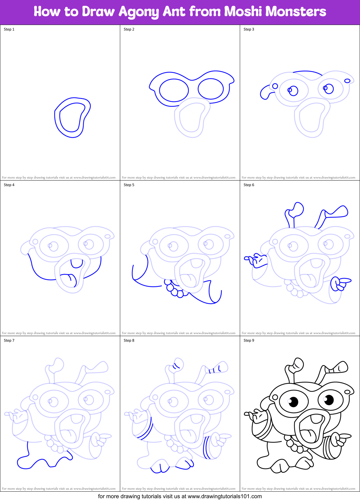 How to Draw Agony Ant from Moshi Monsters Printable Step by Step