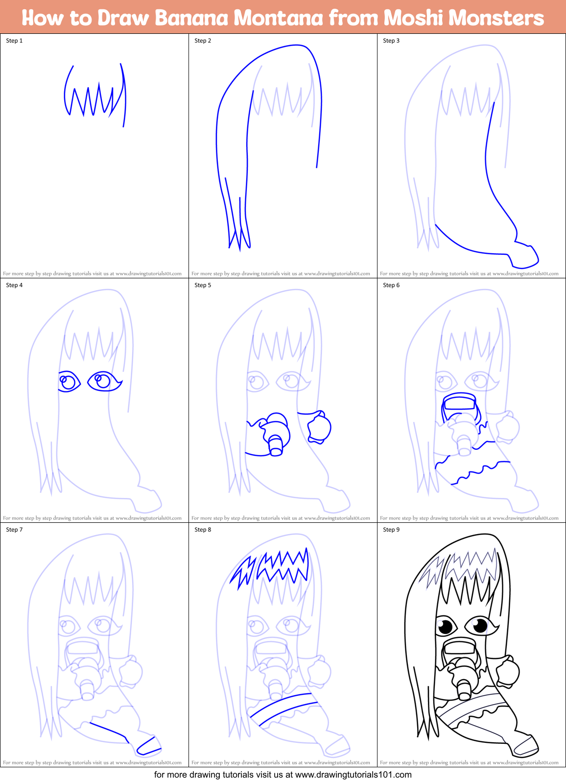 How to Draw Banana Montana from Moshi Monsters Printable Step by Step