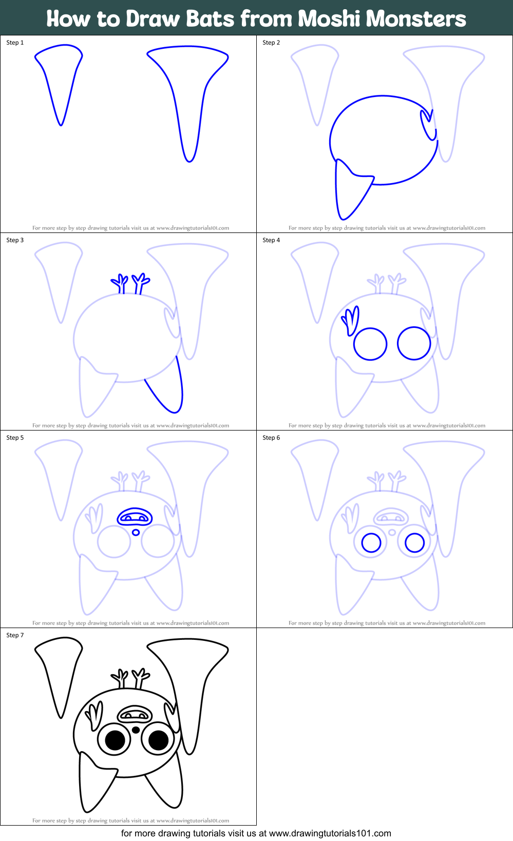 How to Draw Bats from Moshi Monsters Printable Step by Step