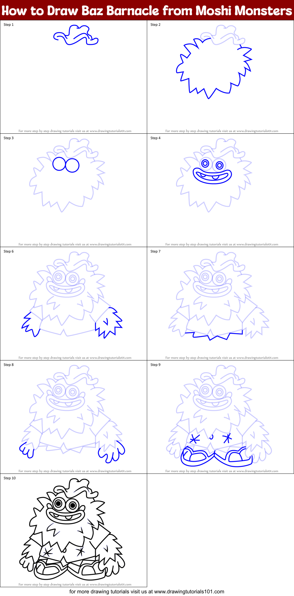 How to Draw Baz Barnacle from Moshi Monsters Printable Step by Step