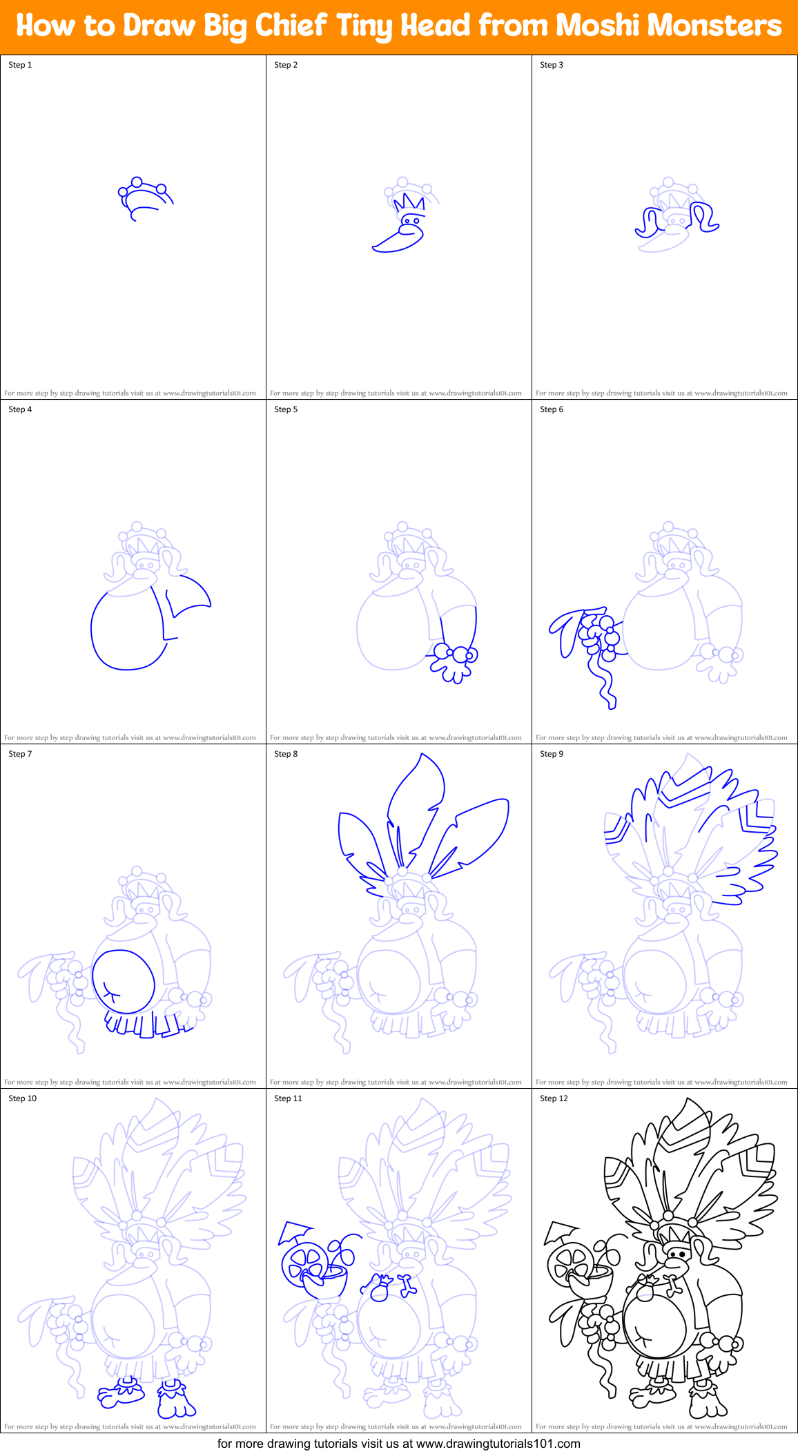 How to Draw Big Chief Tiny Head from Moshi Monsters Printable Step by Step