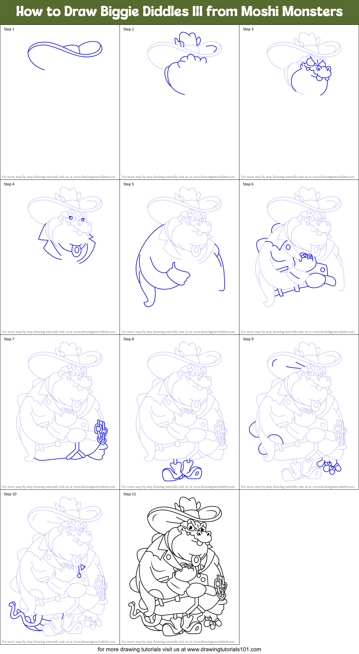 How to Draw Biggie Diddles III from Moshi Monsters Printable Step by Step