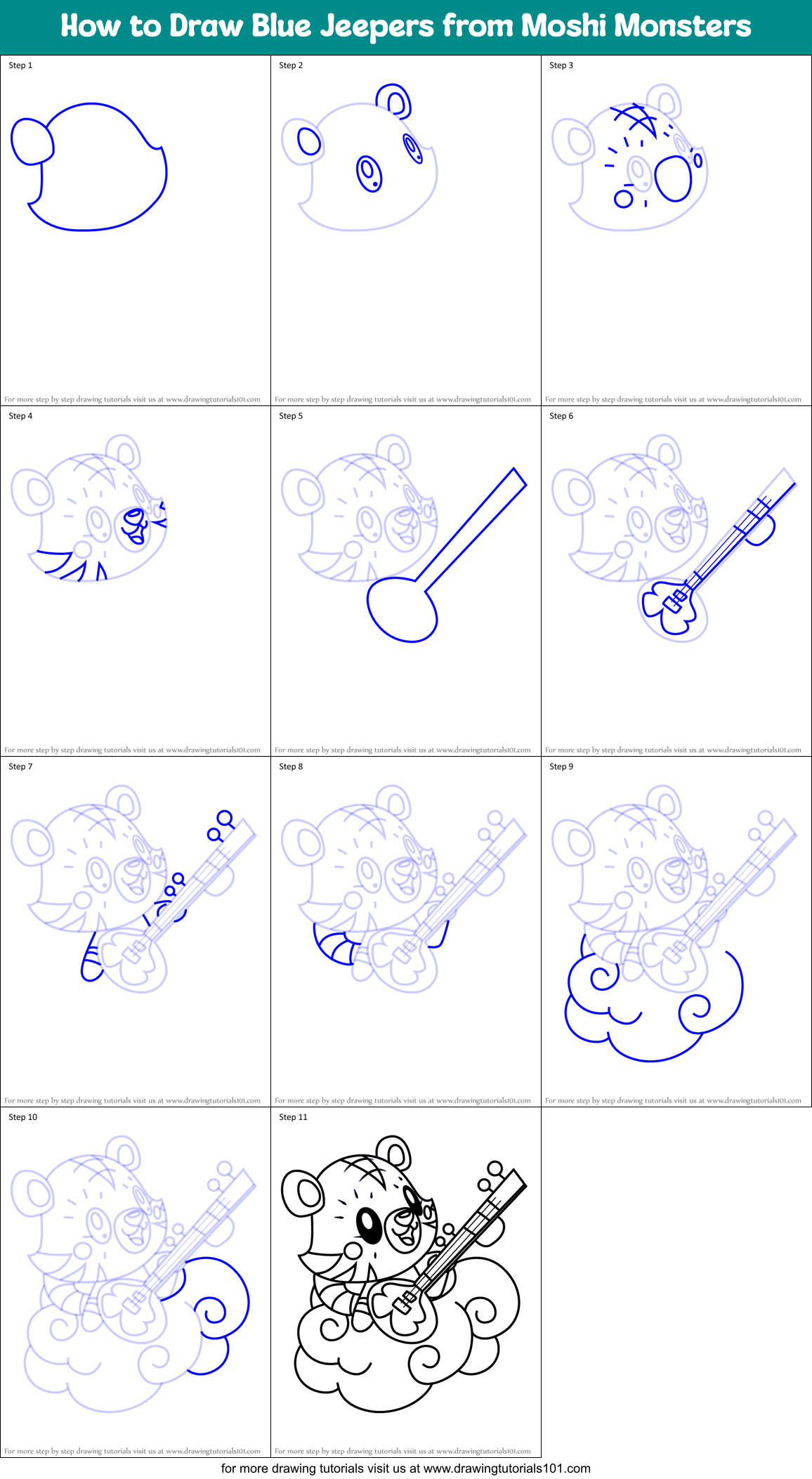 How to Draw Blue Jeepers from Moshi Monsters Printable Step by Step