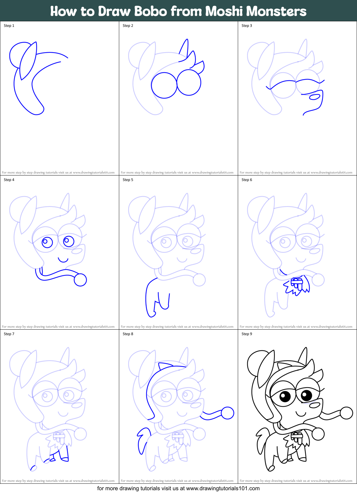 How to Draw Bobo from Moshi Monsters Printable Step by Step