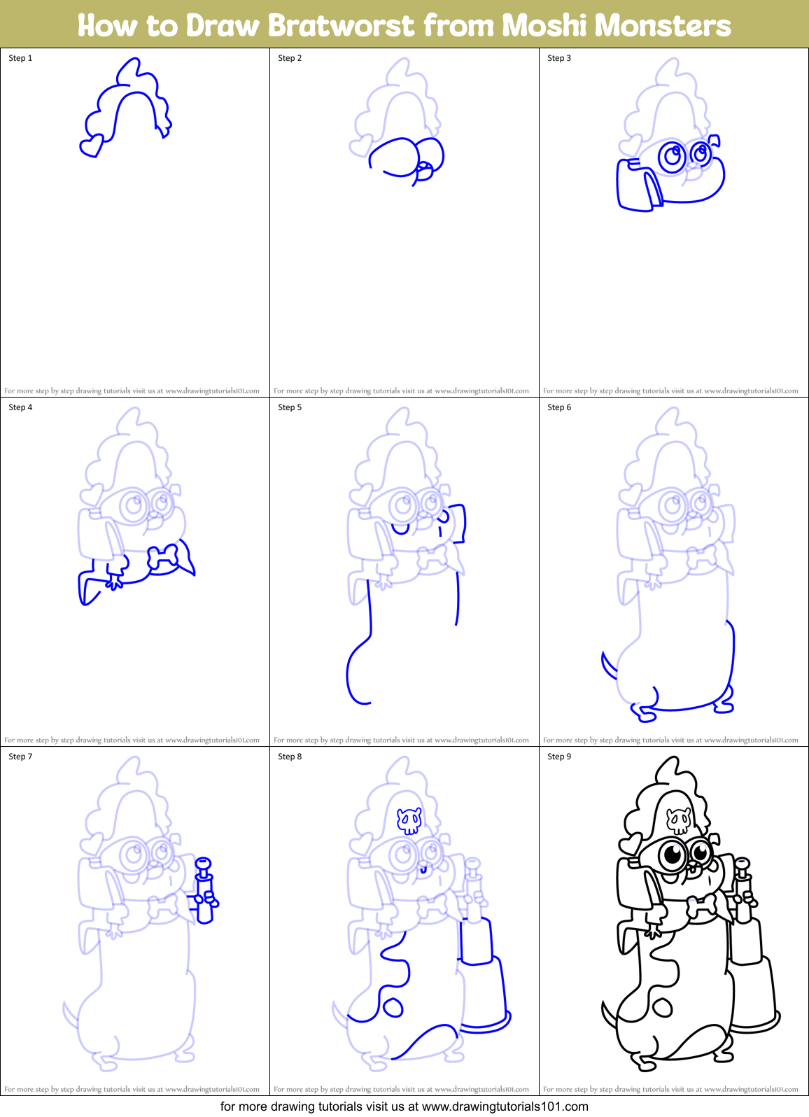 How to Draw Bratworst from Moshi Monsters Printable Step by Step