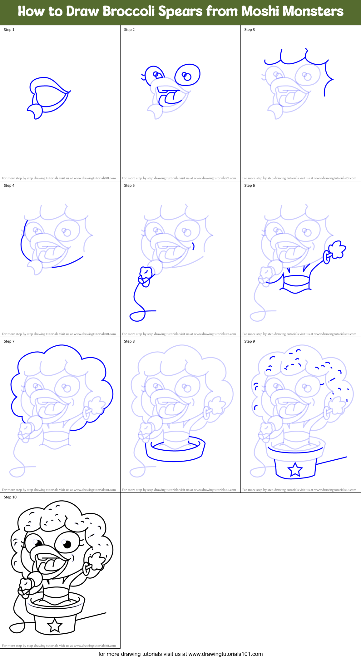 How to Draw Broccoli Spears from Moshi Monsters Printable Step by Step