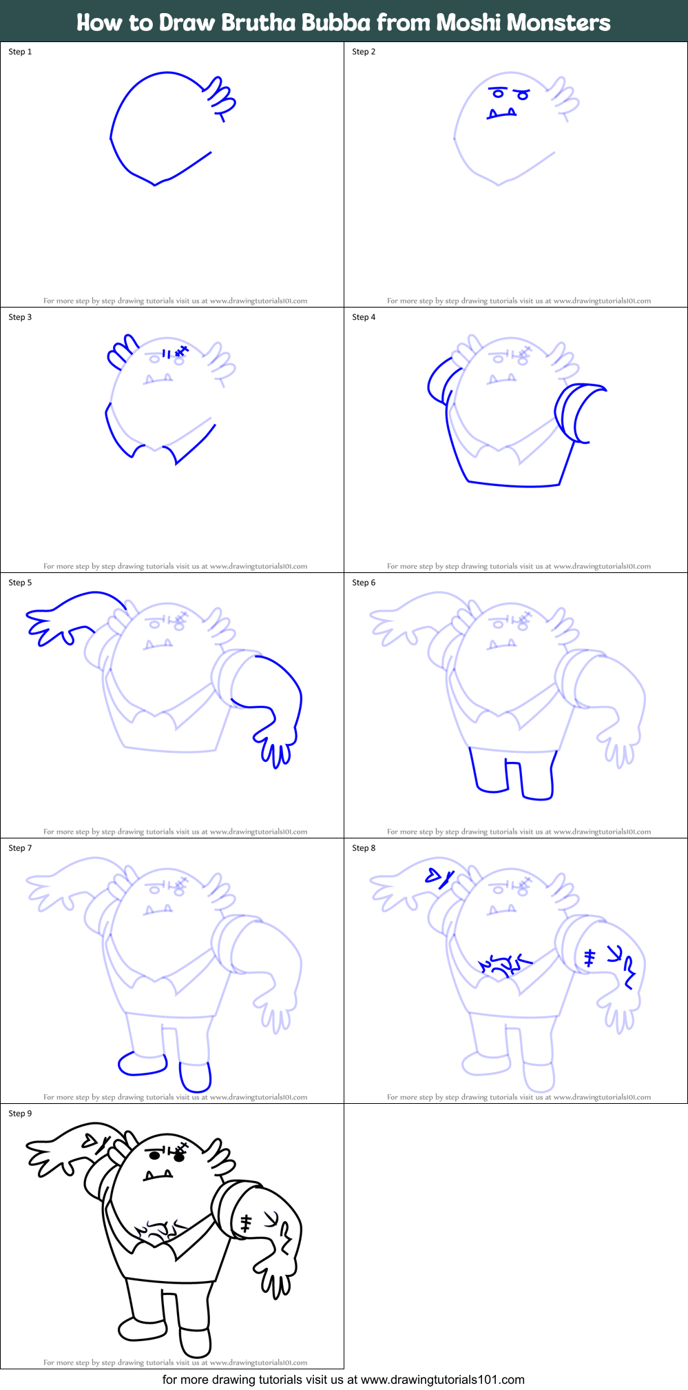 How to Draw Brutha Bubba from Moshi Monsters Printable Step by Step