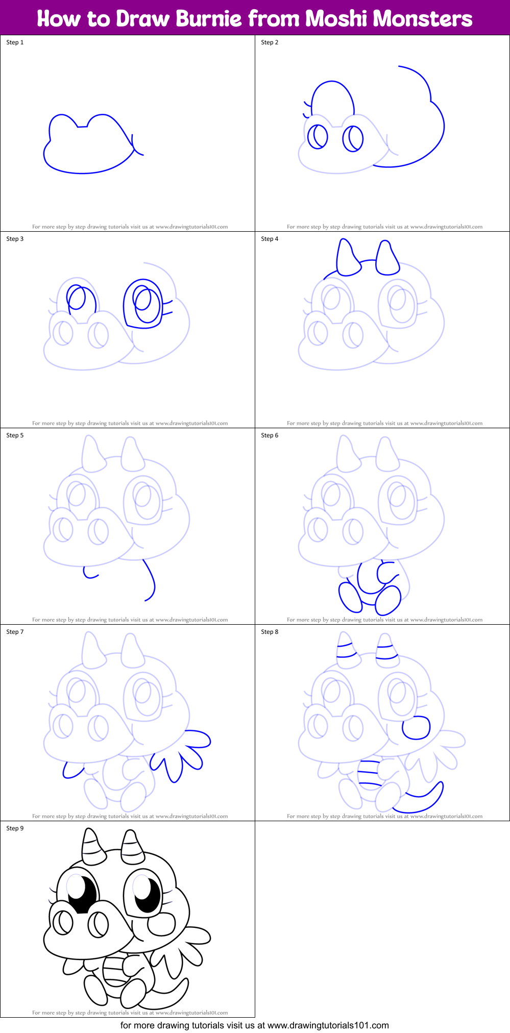 How to Draw Burnie from Moshi Monsters Printable Step by Step