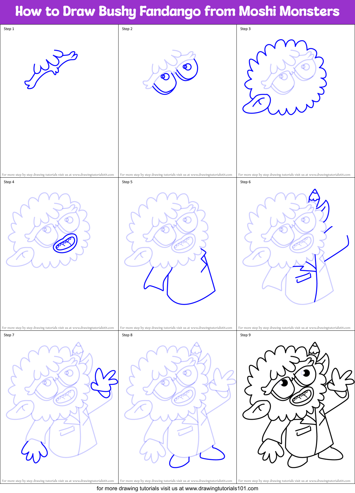 How to Draw Bushy Fandango from Moshi Monsters Printable Step by Step