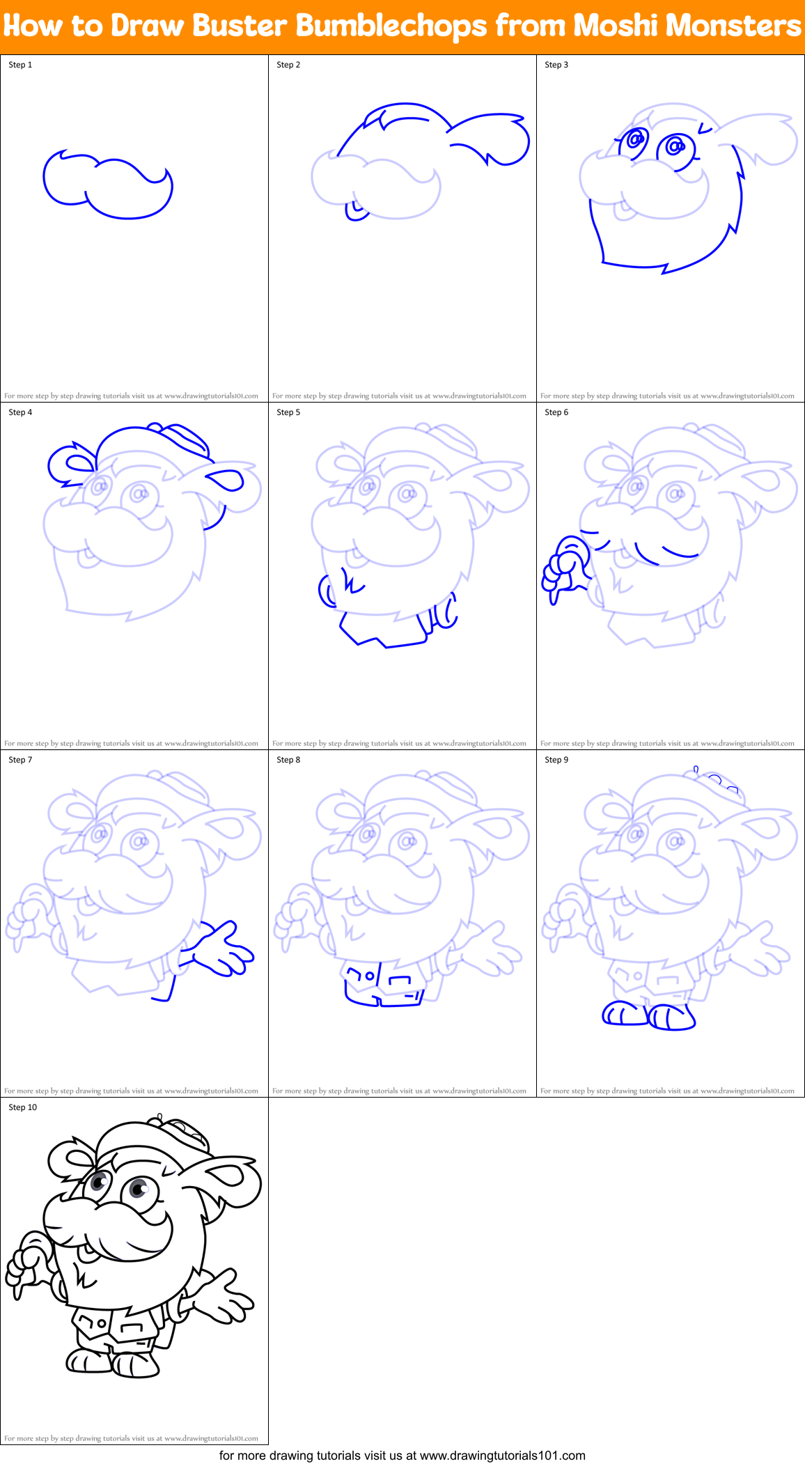 How to Draw Buster Bumblechops from Moshi Monsters Printable Step by Step