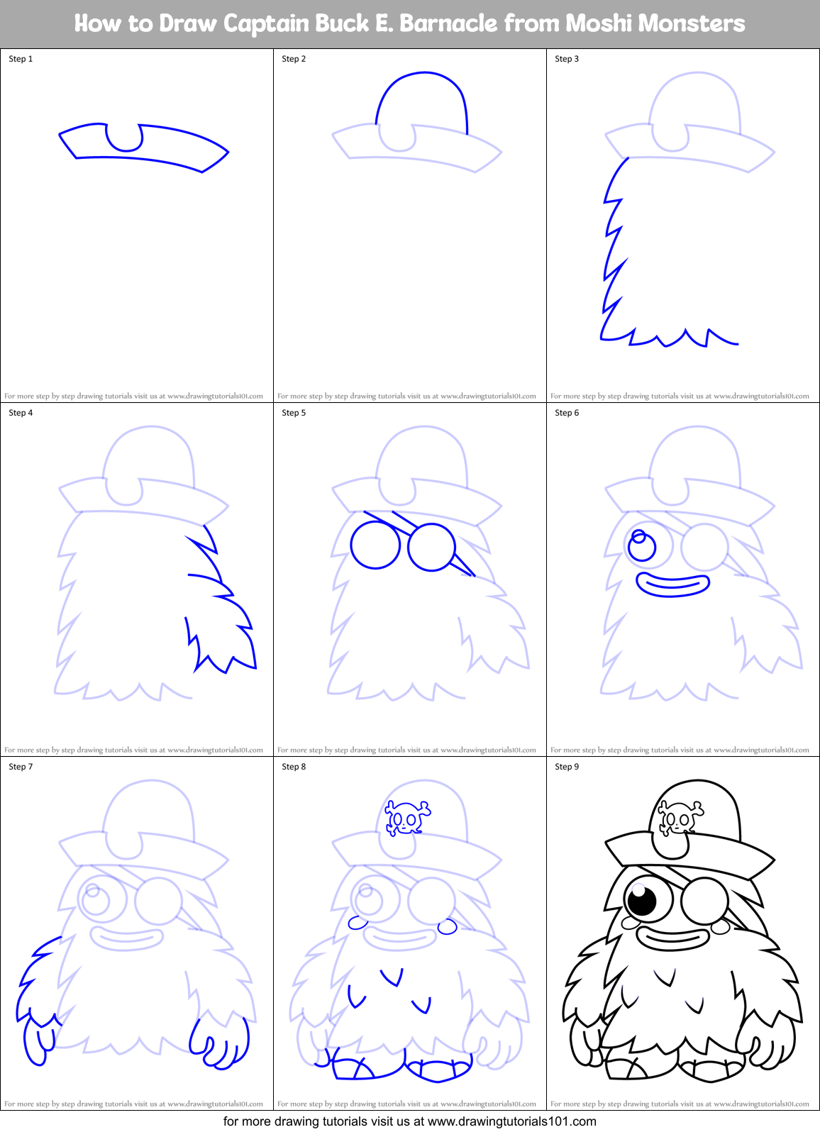 How to Draw Captain Buck E. Barnacle from Moshi Monsters Printable Step by Step