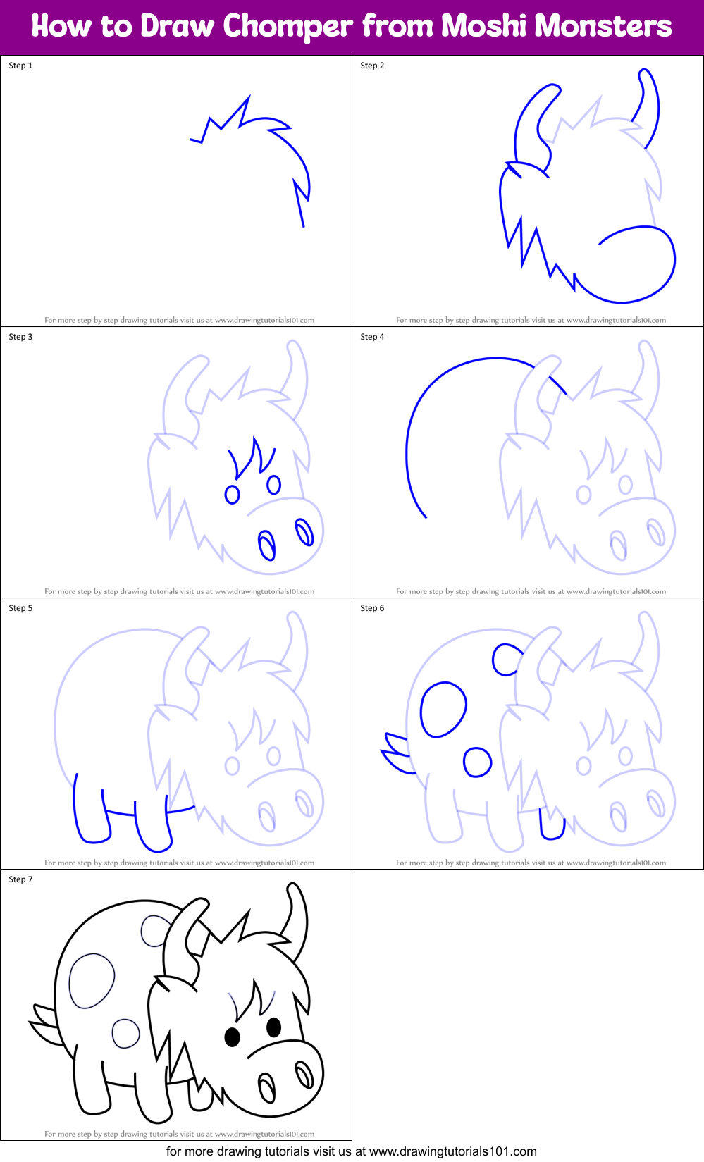 How to Draw Chomper from Moshi Monsters Printable Step by Step