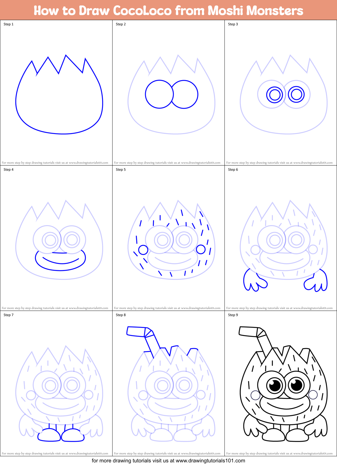 How to Draw CocoLoco from Moshi Monsters Printable Step by Step