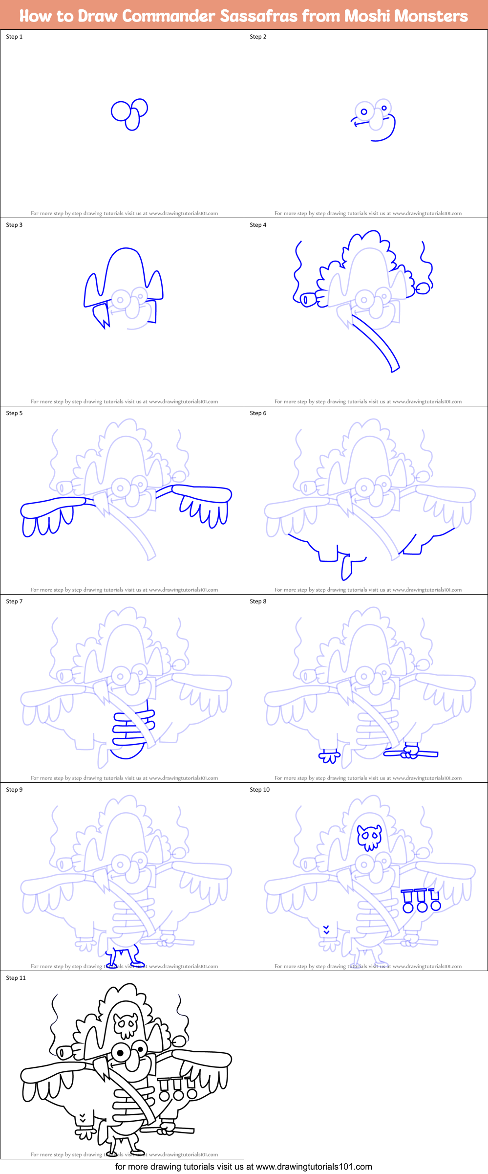 How to Draw Commander Sassafras from Moshi Monsters Printable Step by Step