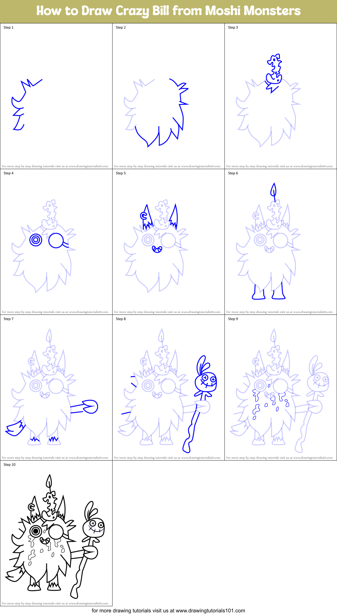 How to Draw Crazy Bill from Moshi Monsters Printable Step by Step
