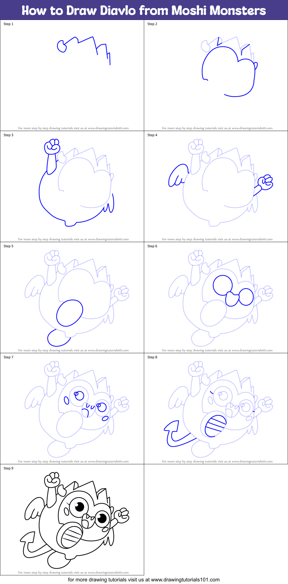 How to Draw Diavlo from Moshi Monsters Printable Step by Step