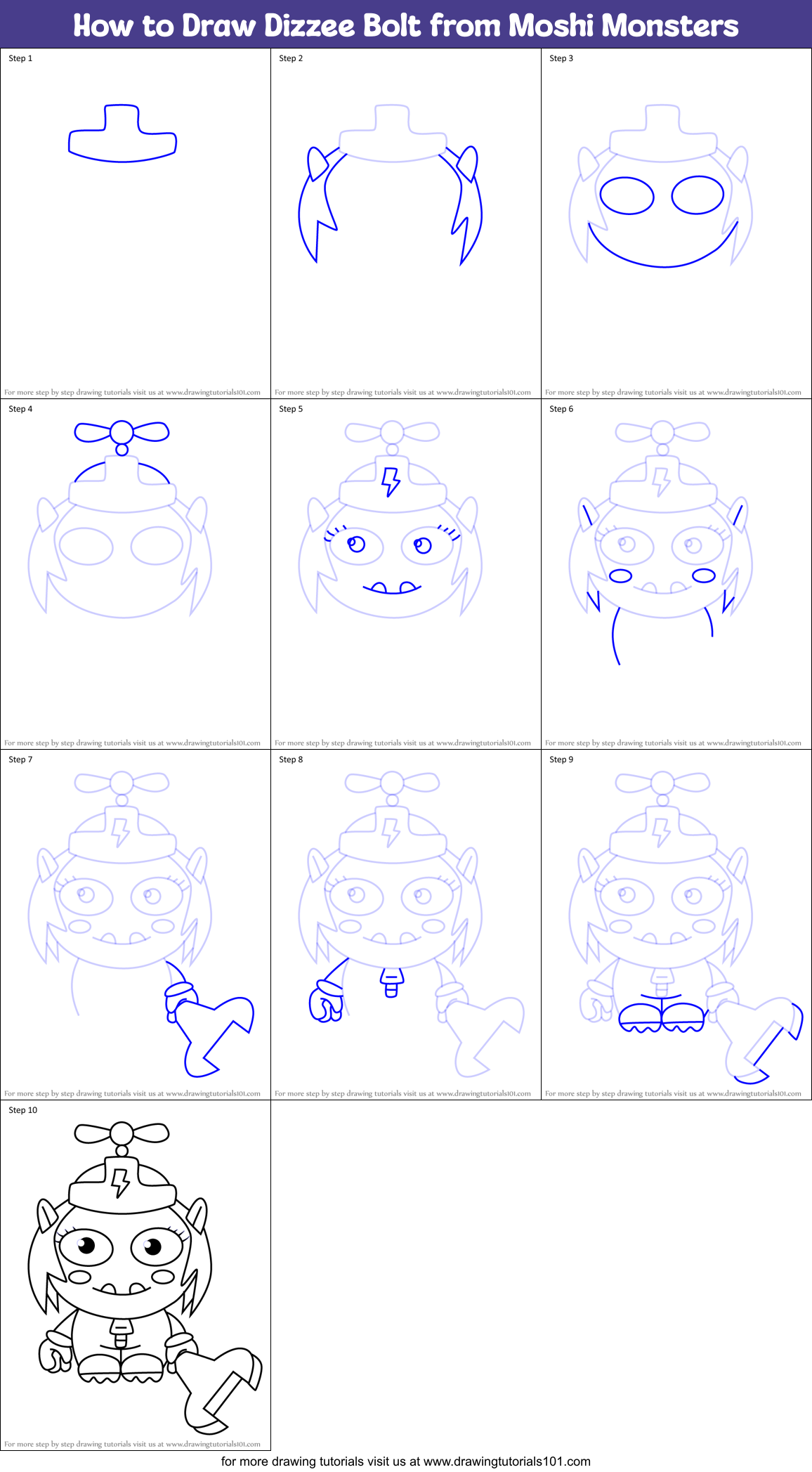 How to Draw Dizzee Bolt from Moshi Monsters Printable Step by Step