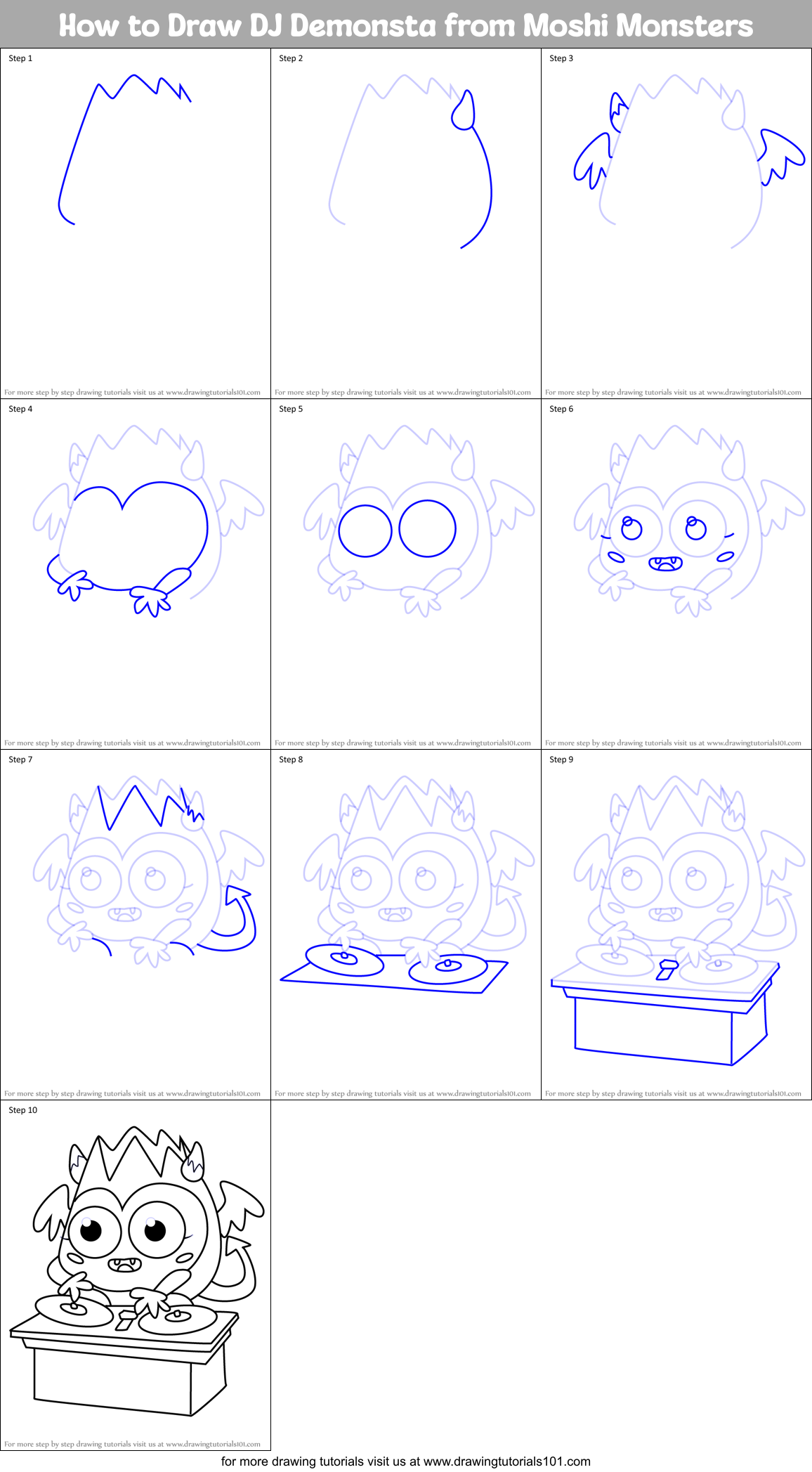 How to Draw DJ Demonsta from Moshi Monsters Printable Step by Step