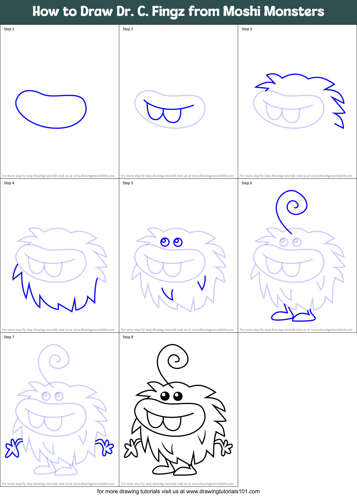 How to Draw Dr. C. Fingz from Moshi Monsters Printable Step by Step