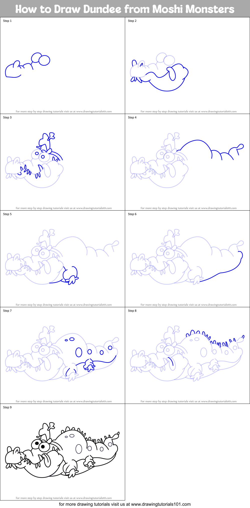 How to Draw Dundee from Moshi Monsters Printable Step by Step