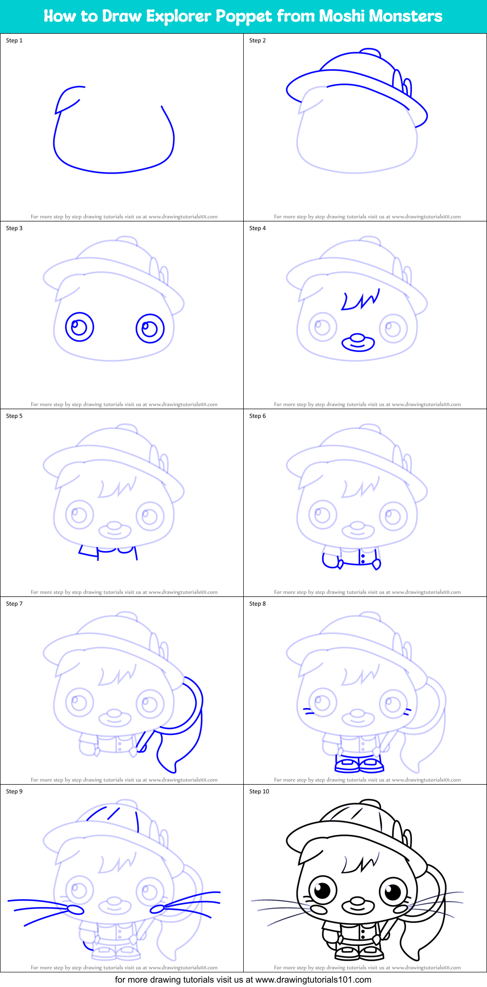 How to Draw Explorer Poppet from Moshi Monsters Printable Step by Step