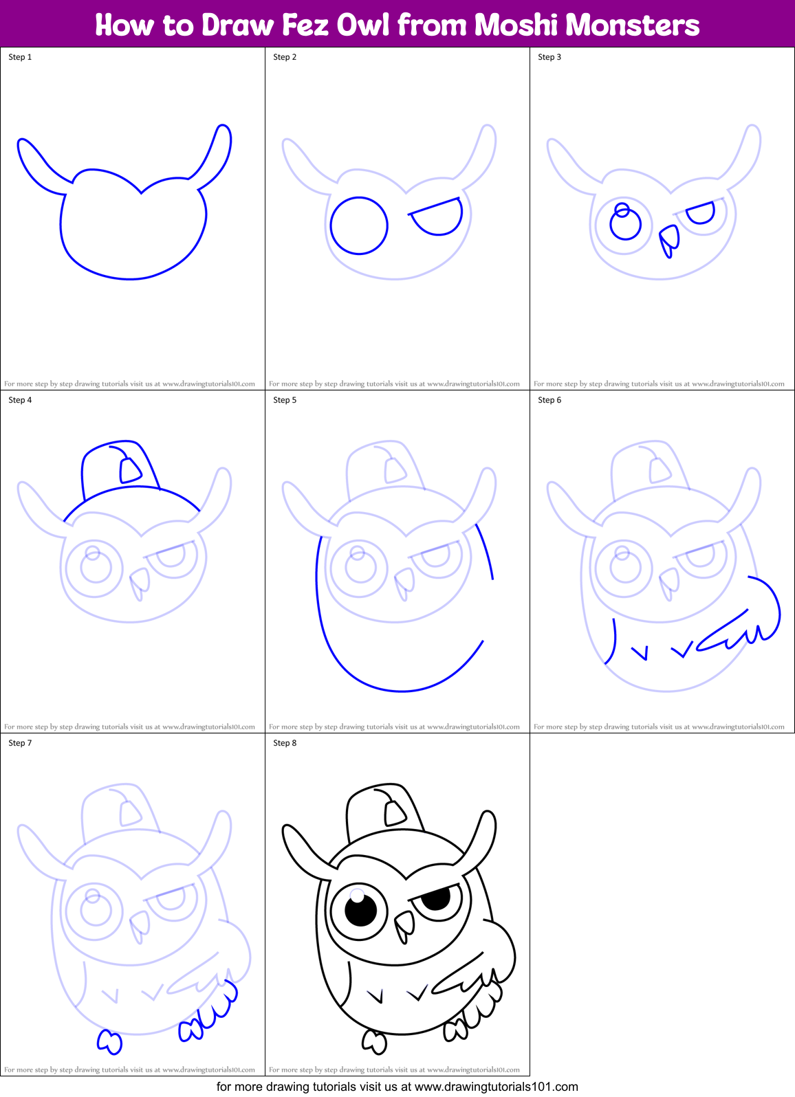 How to Draw Fez Owl from Moshi Monsters Printable Step by Step